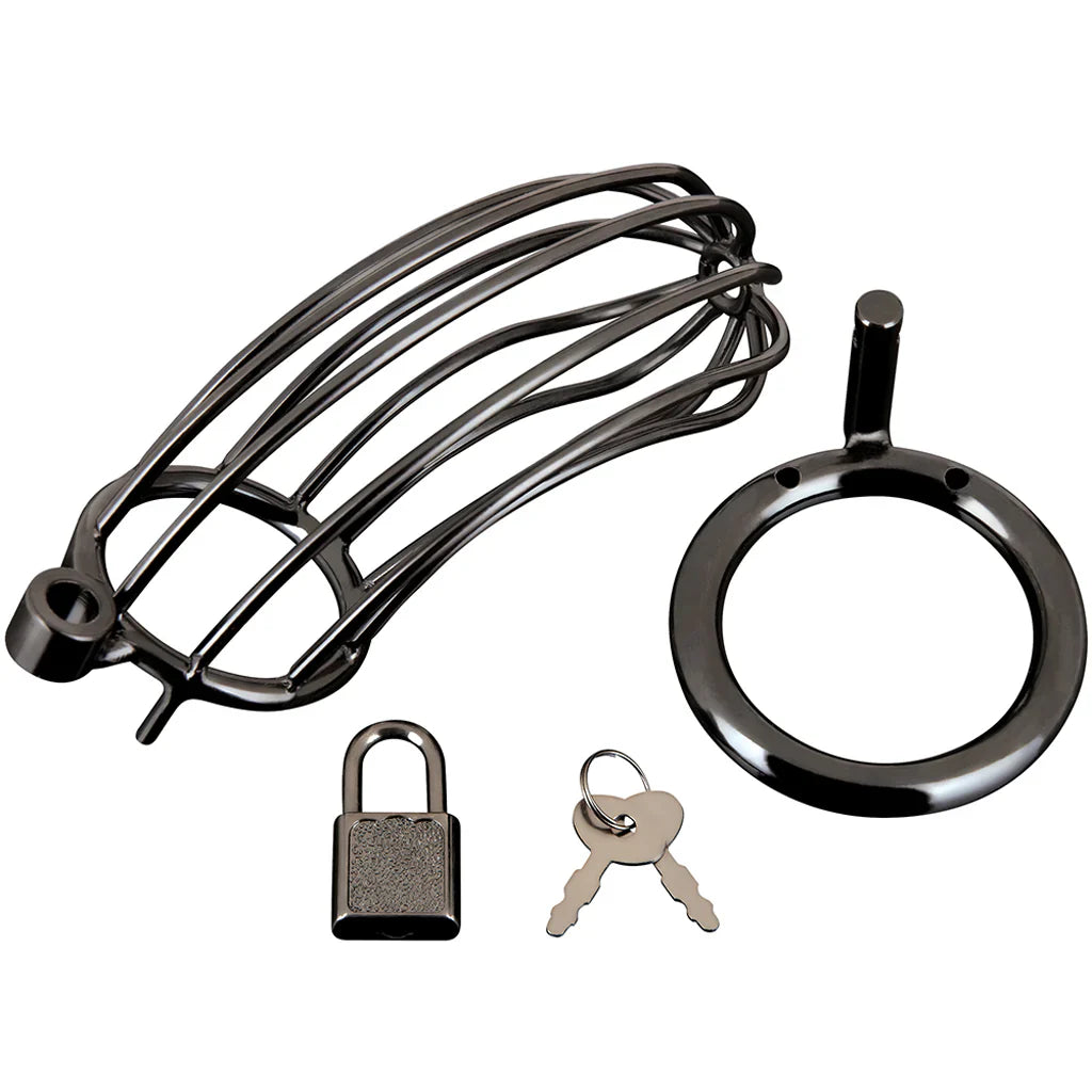 Blue Line Prisoner Cock Cage in Black – Heaven Boutique Toronto – side view